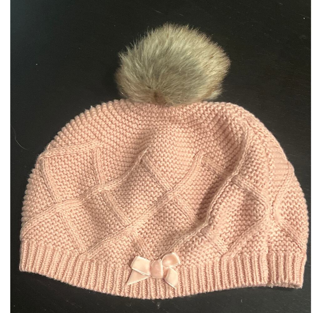 PInk Cable Knit Baby Hat with Faux Fur‎ Pom-Pom - Size 6-12 months